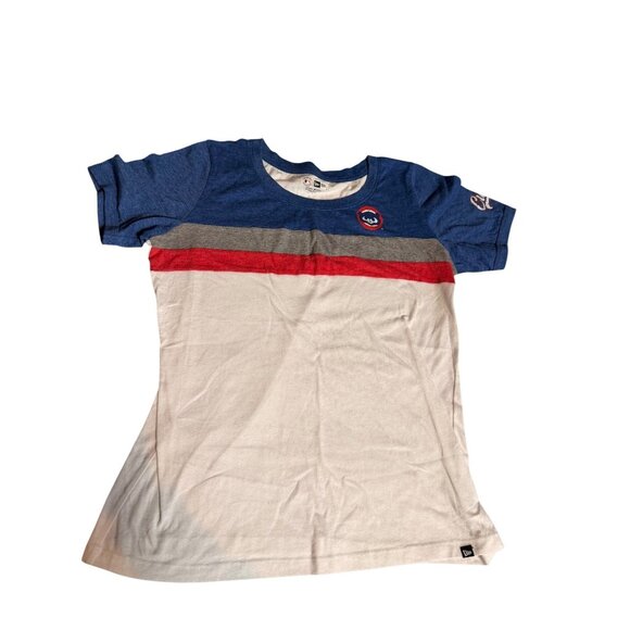 Chicago Cubs Womens Striped Short Sleeve T-Shirt By New Era Size L - Picture 1 of 9